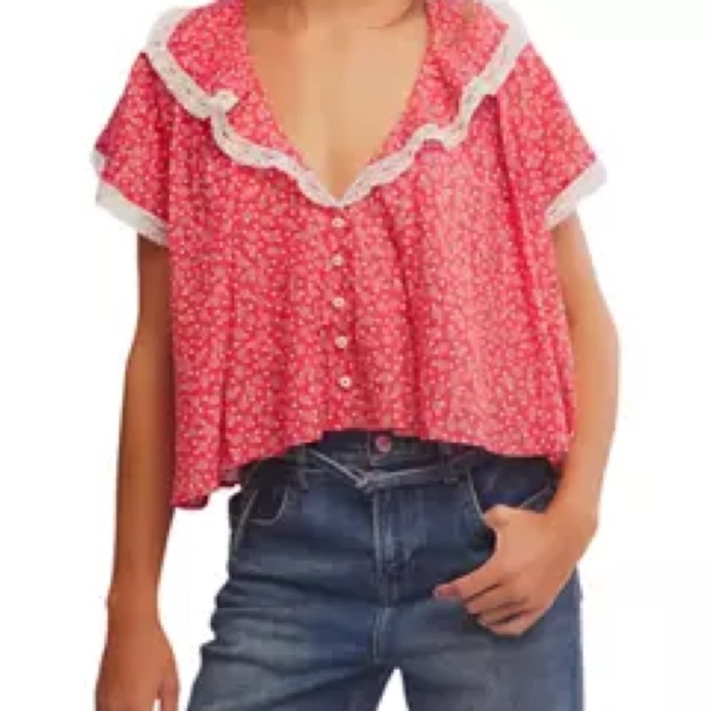 Free People Red Floral Blouse with Ruffles